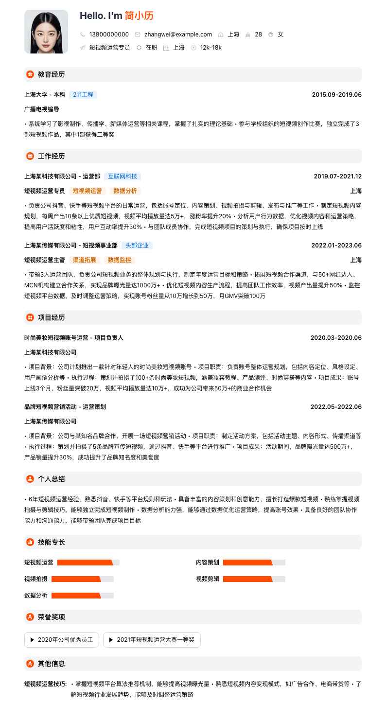 短视频运营专员简历模板