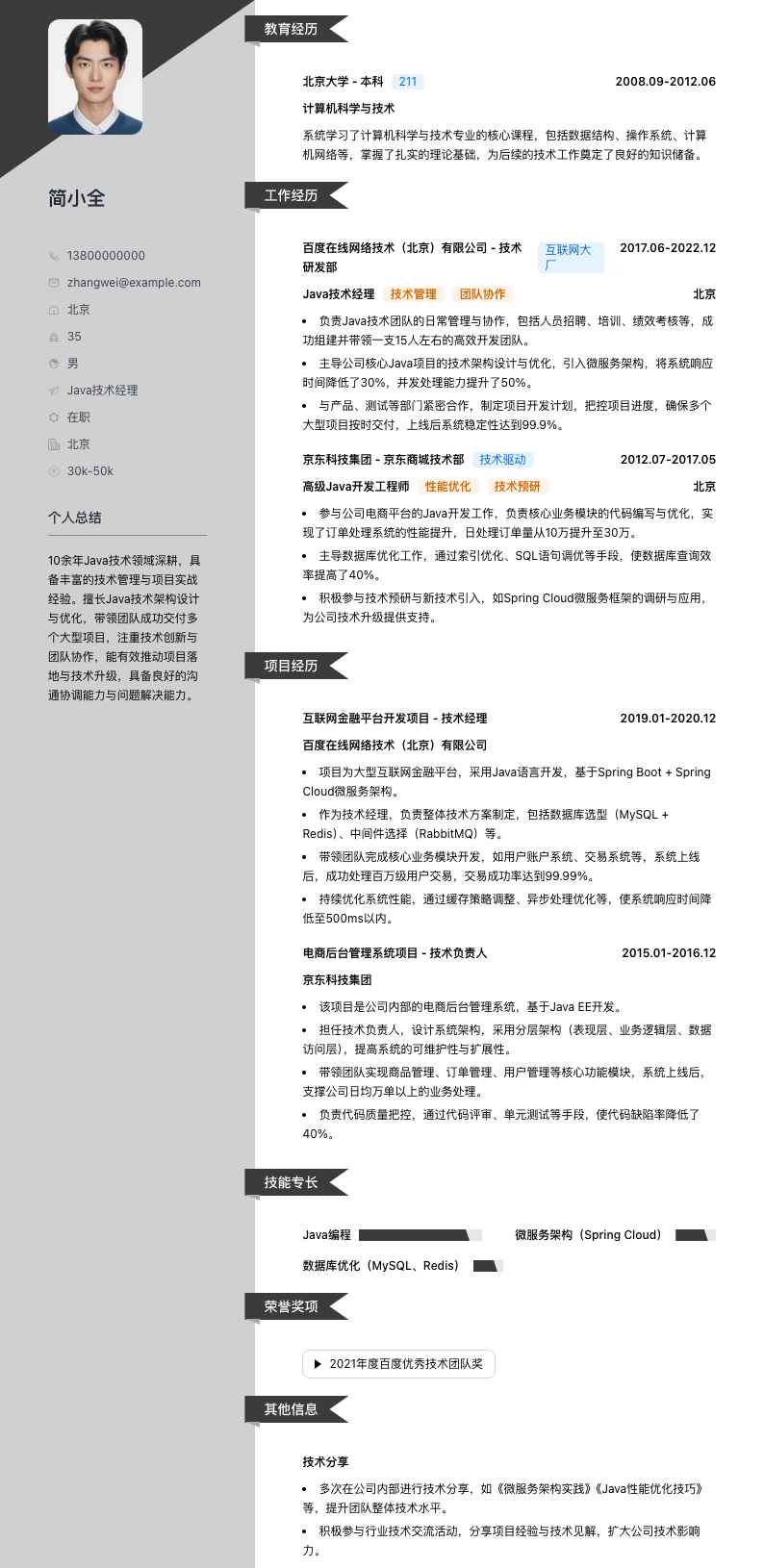 java技术经理简历模板