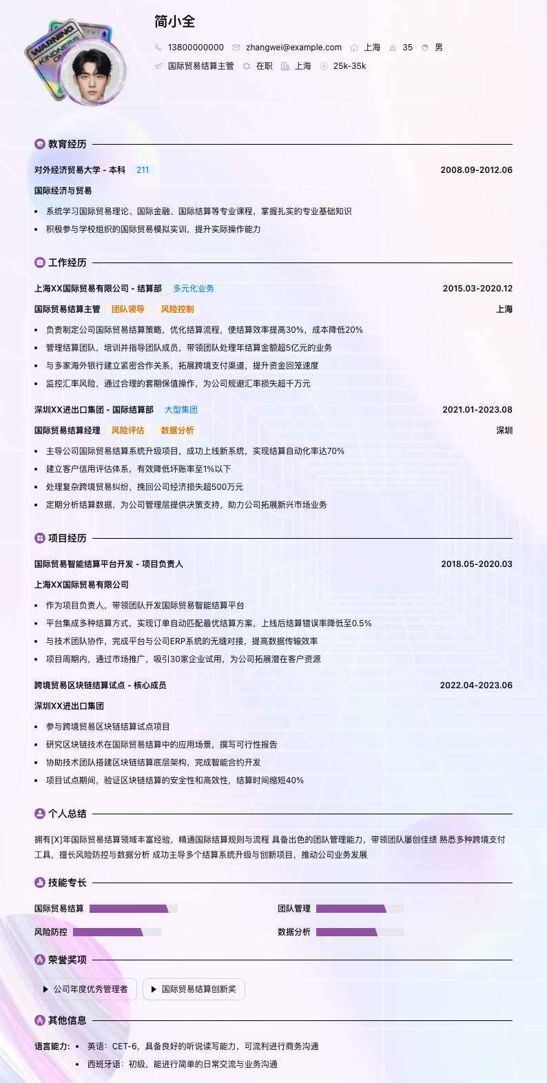 国际贸易结算主管简历模板