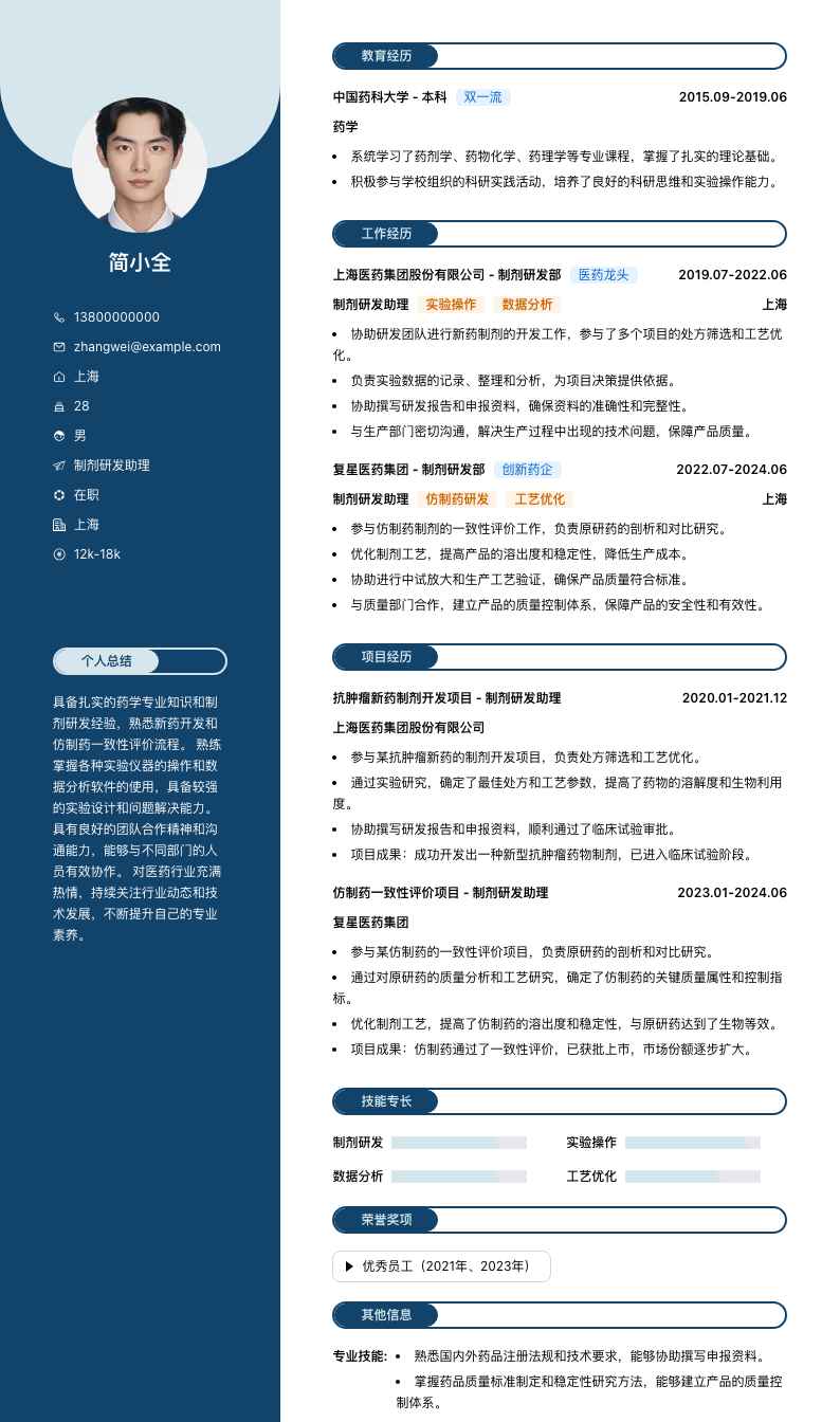 制剂研发助理简历模板