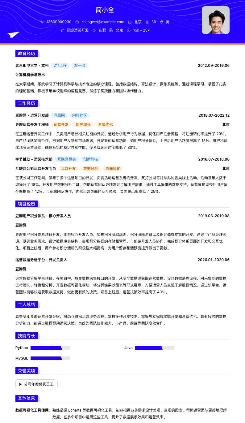 豆瓣运营简历模板