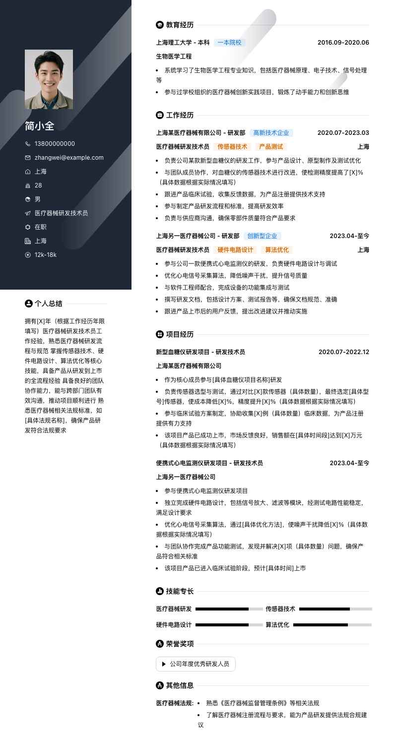 医疗器械研发技术员简历模板