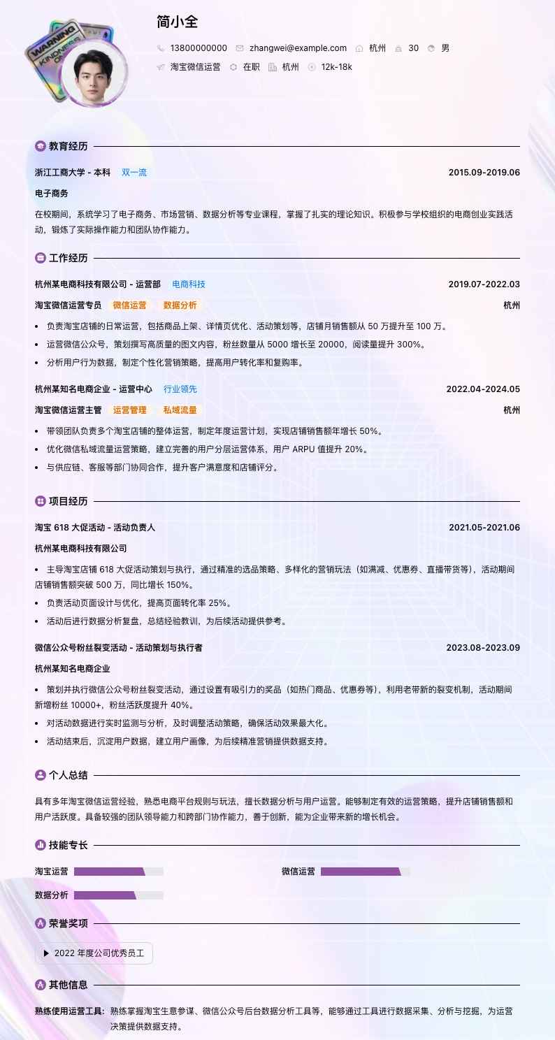 淘宝微信运营简历模板