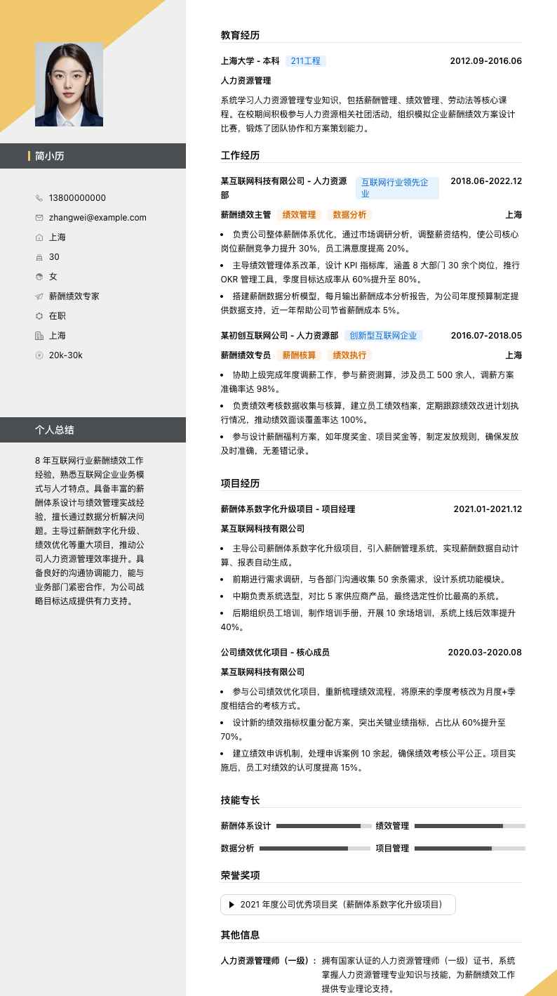 薪酬绩效简历模板