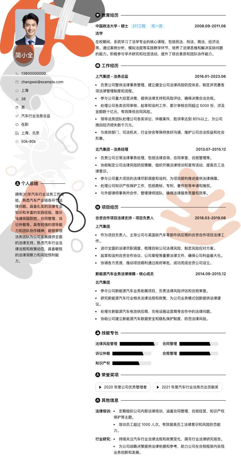 汽车行业法务总监简历模板