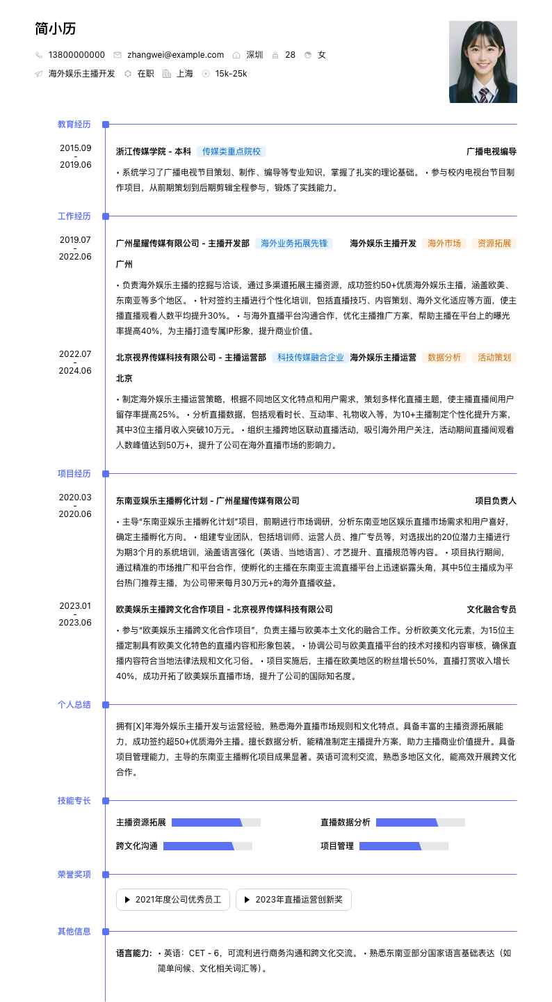 海外娱乐主播简历模板