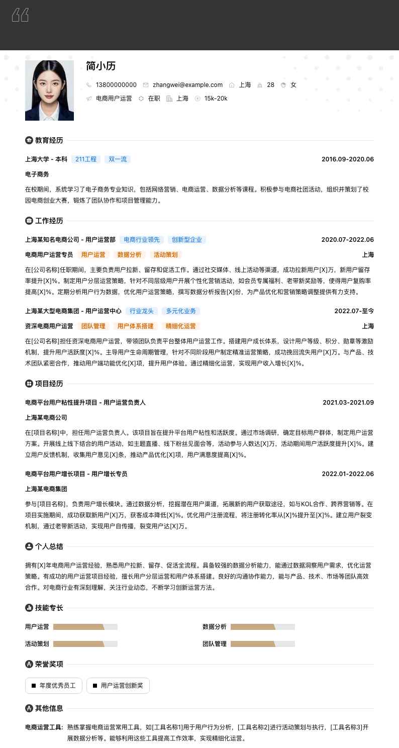 电商用户运营简历模板