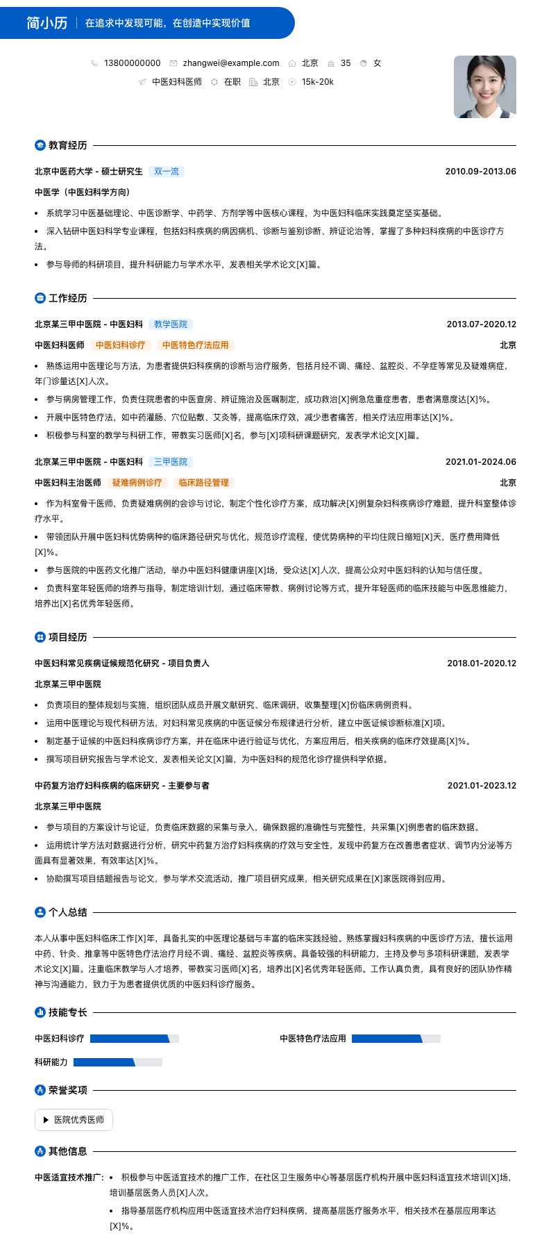 中医妇科医师简历模板