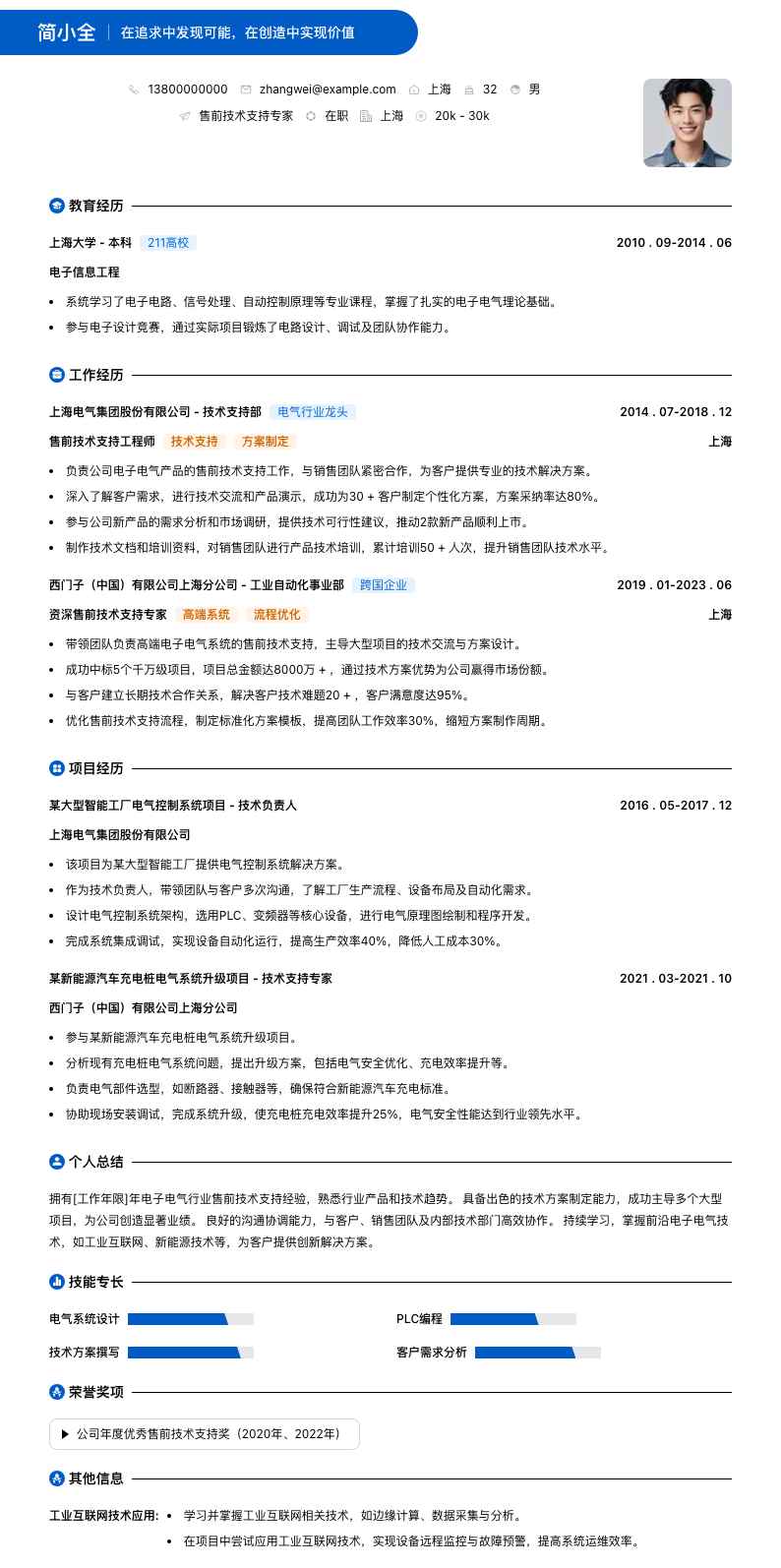 售前技术支持专家简历模板