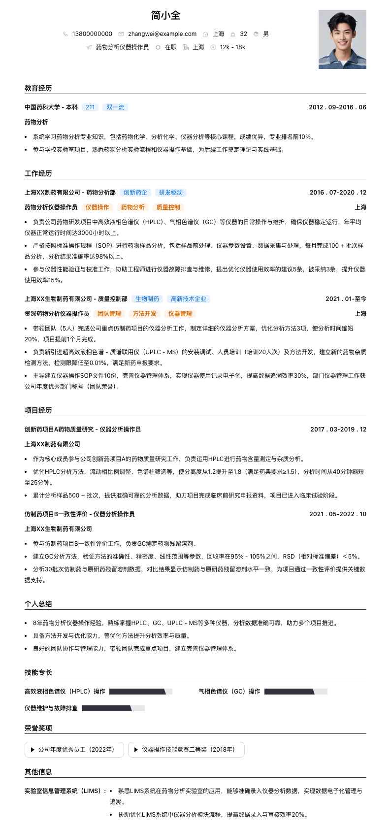 药物分析仪器操作员简历模板