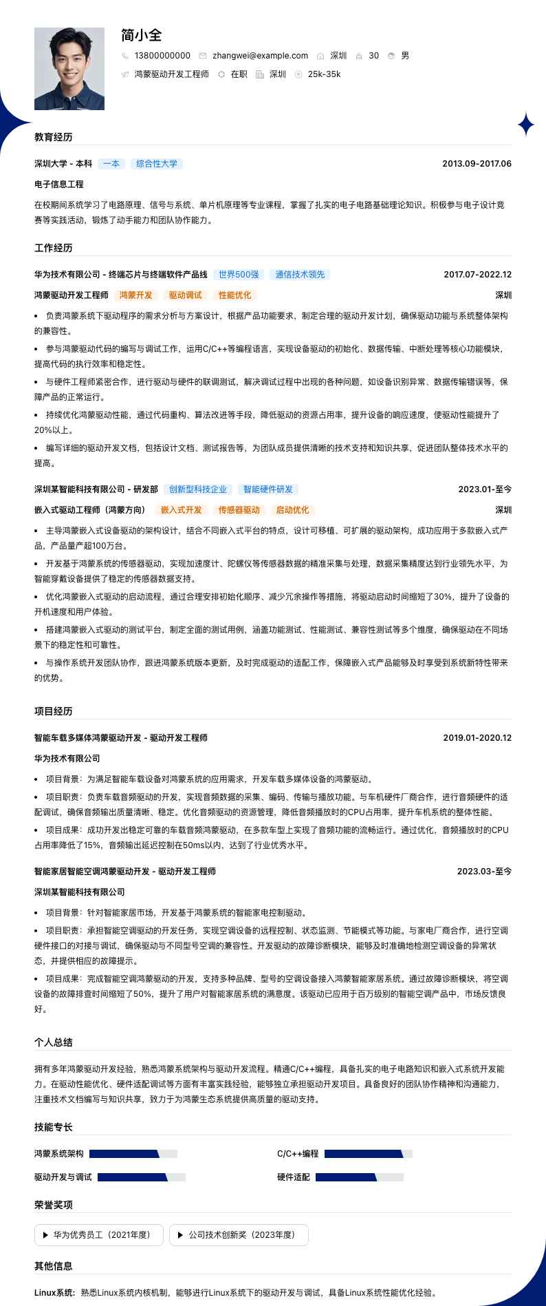 鸿蒙驱动开发工程师简历模板