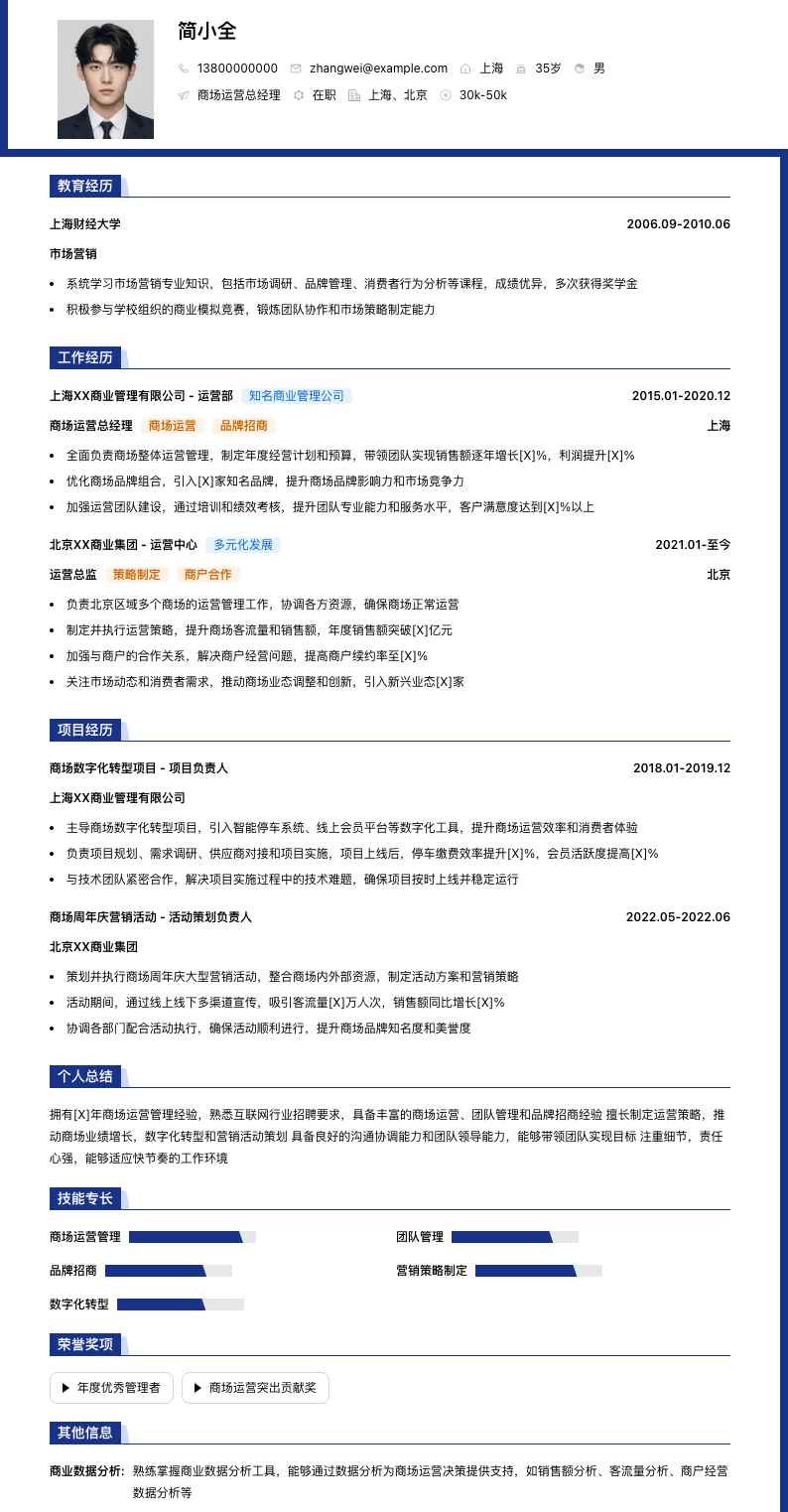 商场运营总经理简历模板