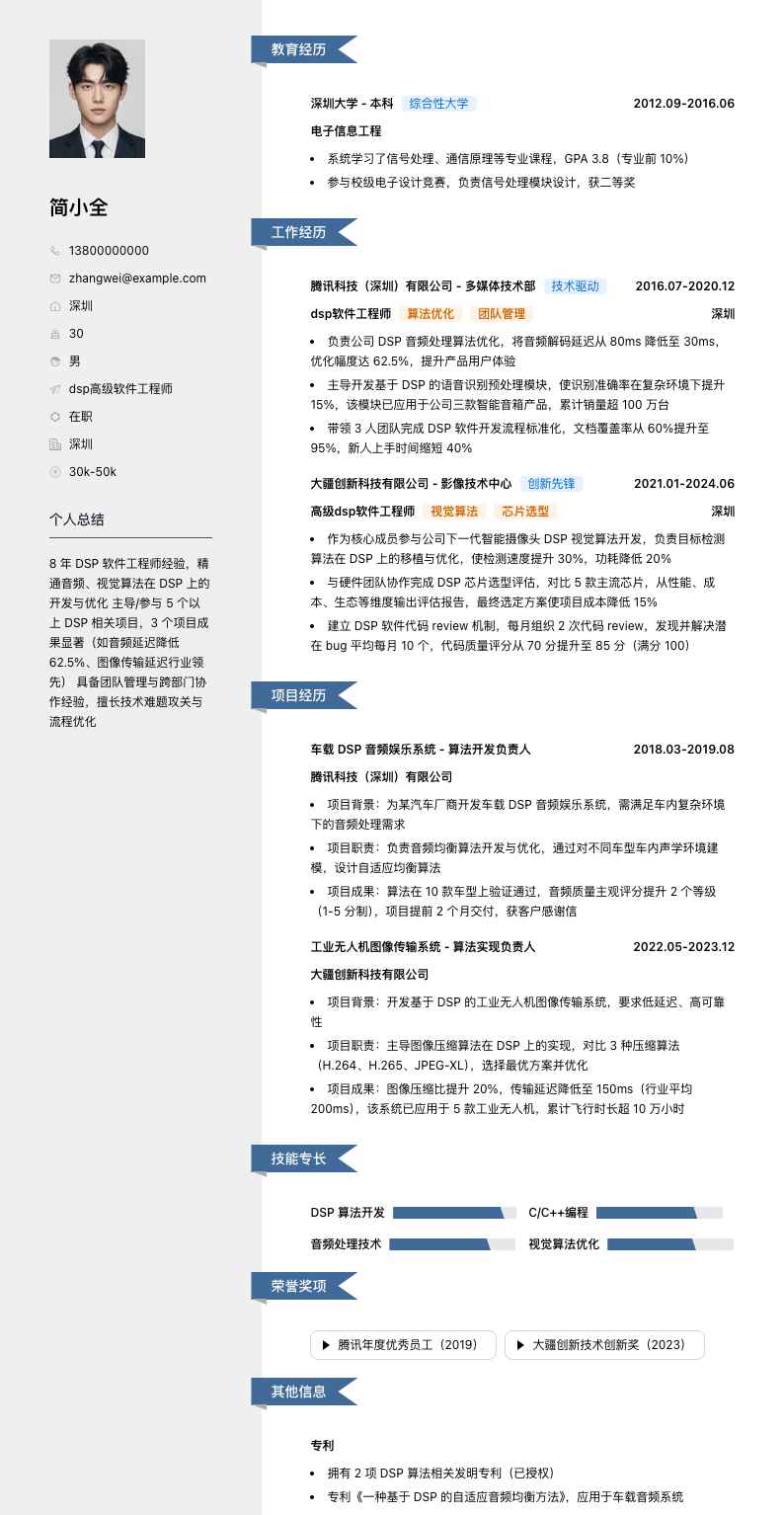 dsp高级软件工程师简历模板