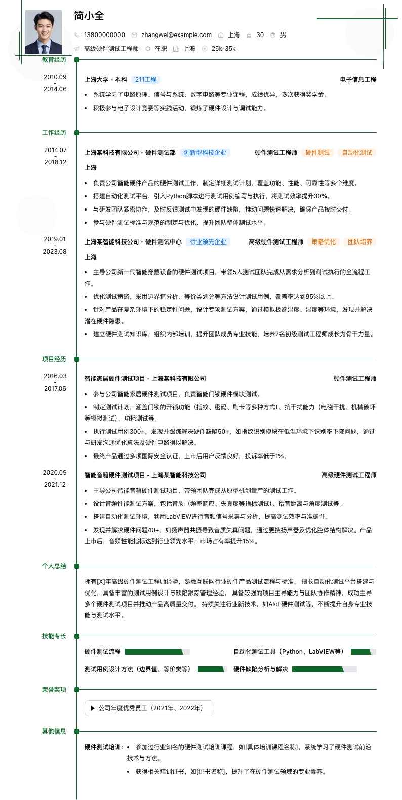 高级硬件测试工程师简历模板
