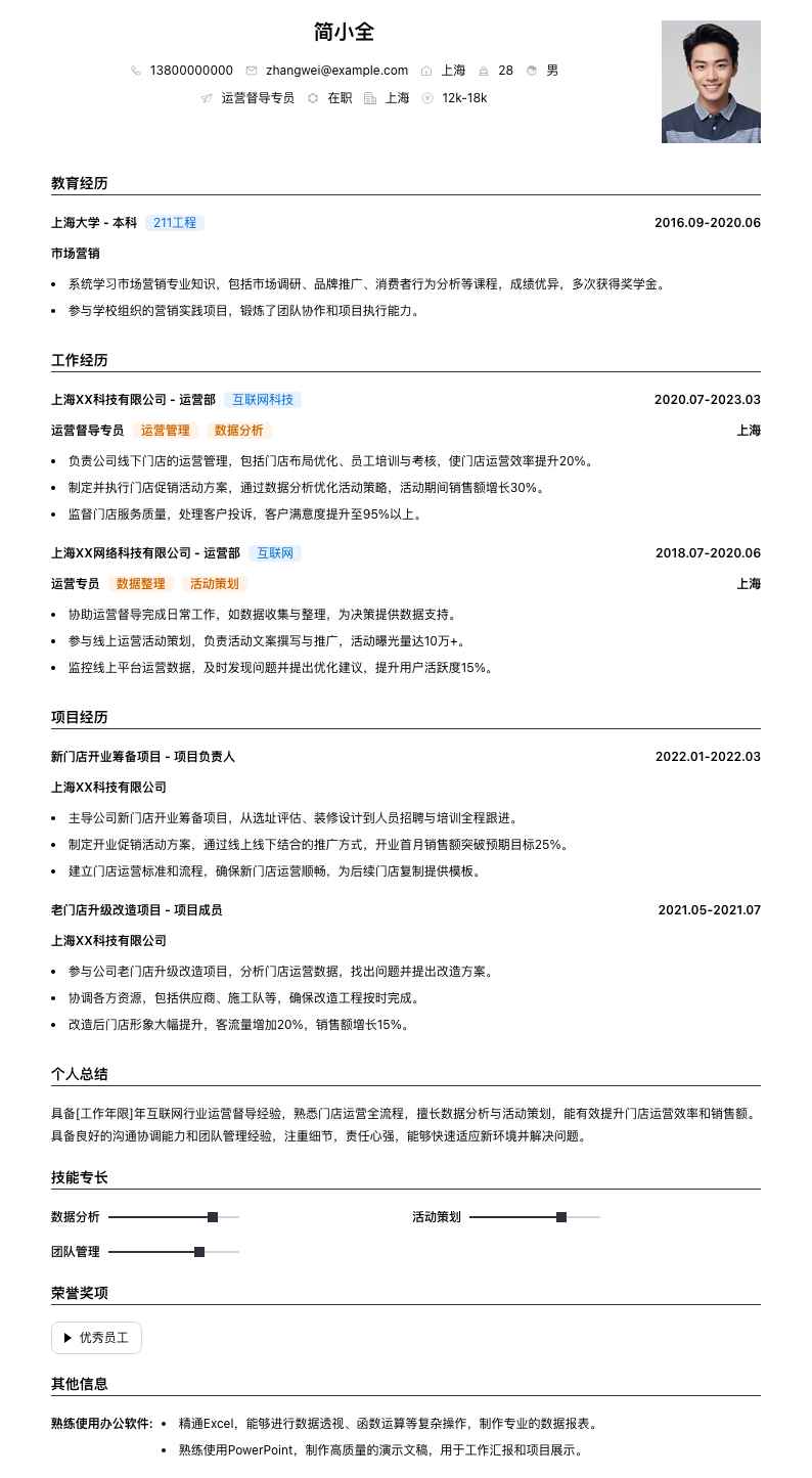 运营督导专员简历模板