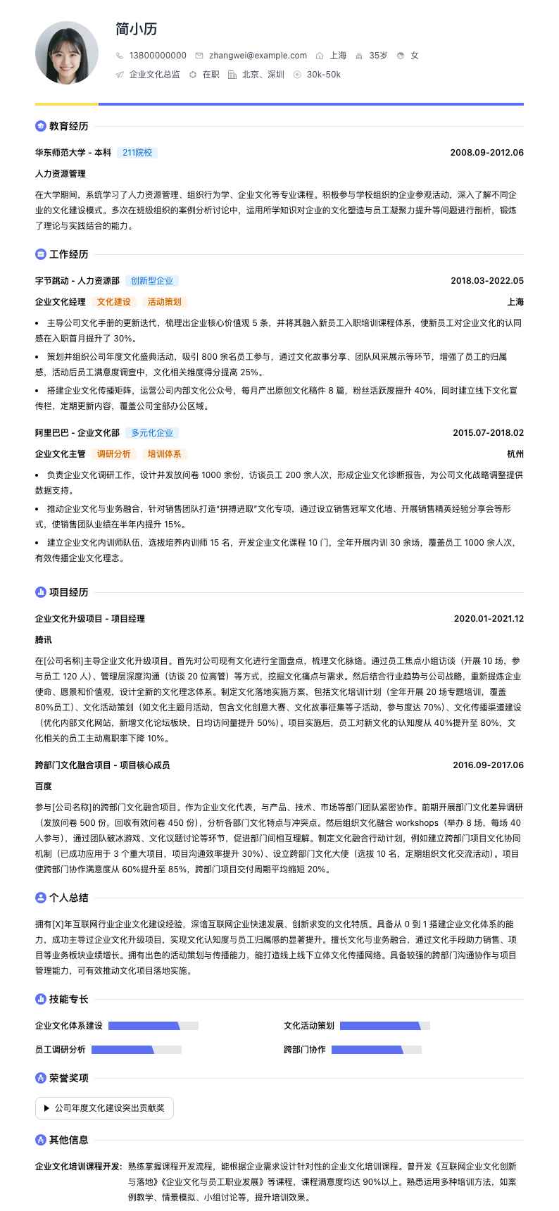 企业文化总监简历模板