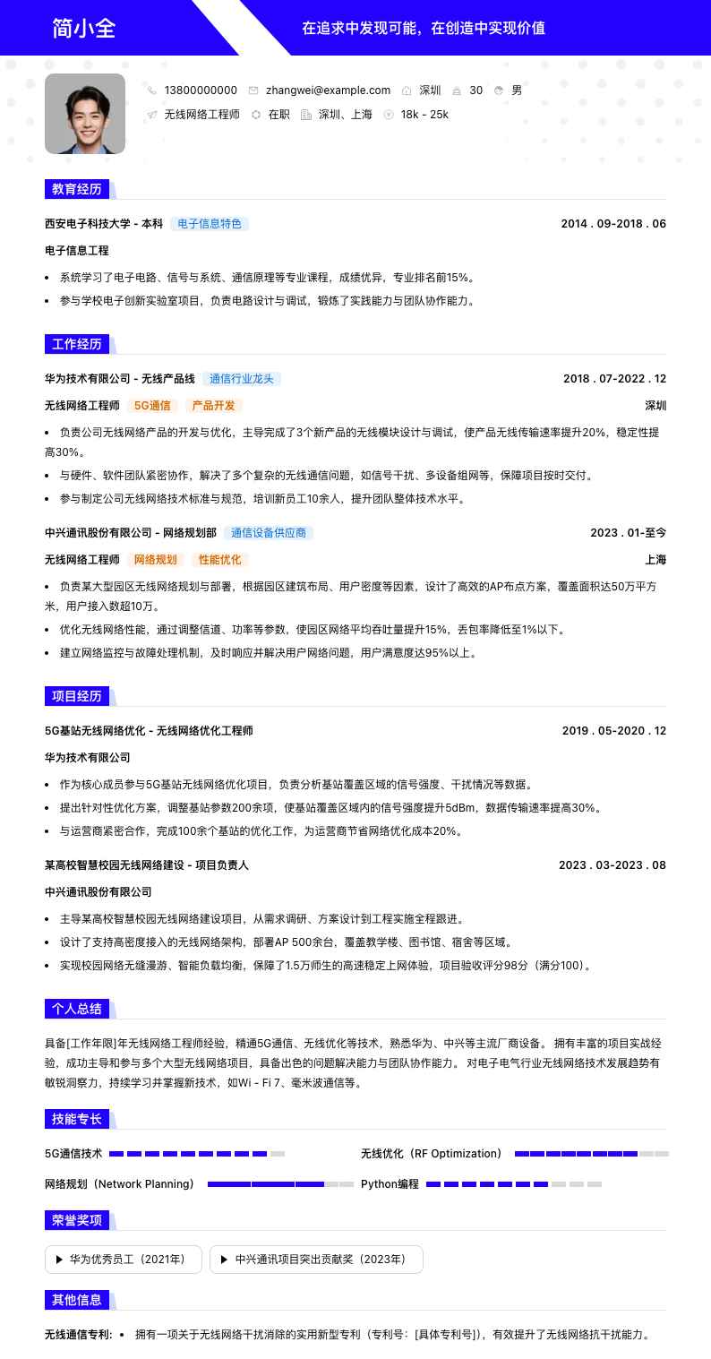 无线网络工程师简历模板
