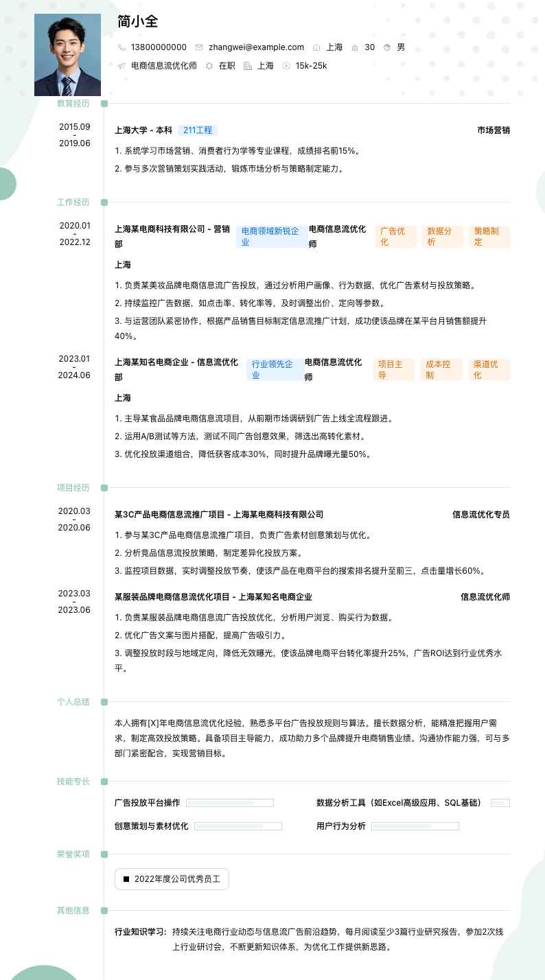 电商信息流优化师简历模板