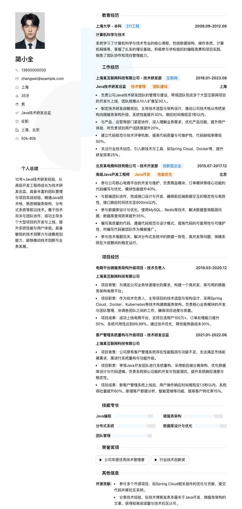 java技术研发总监简历模板