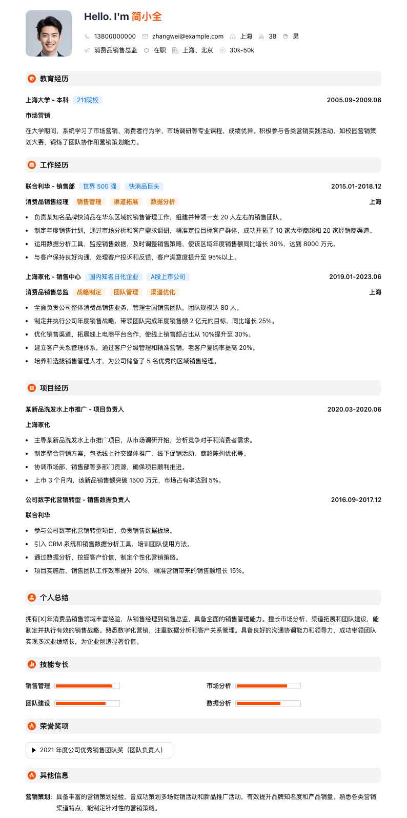 消费品销售总监简历模板