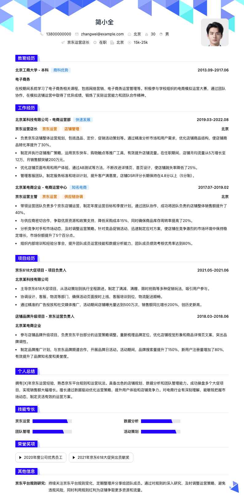 京东运营店长简历模板