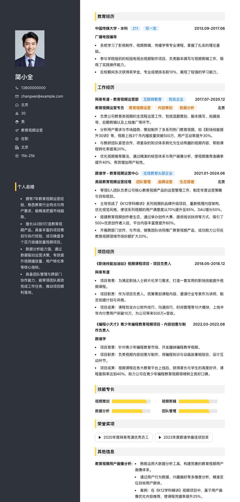 教育视频运营简历模板