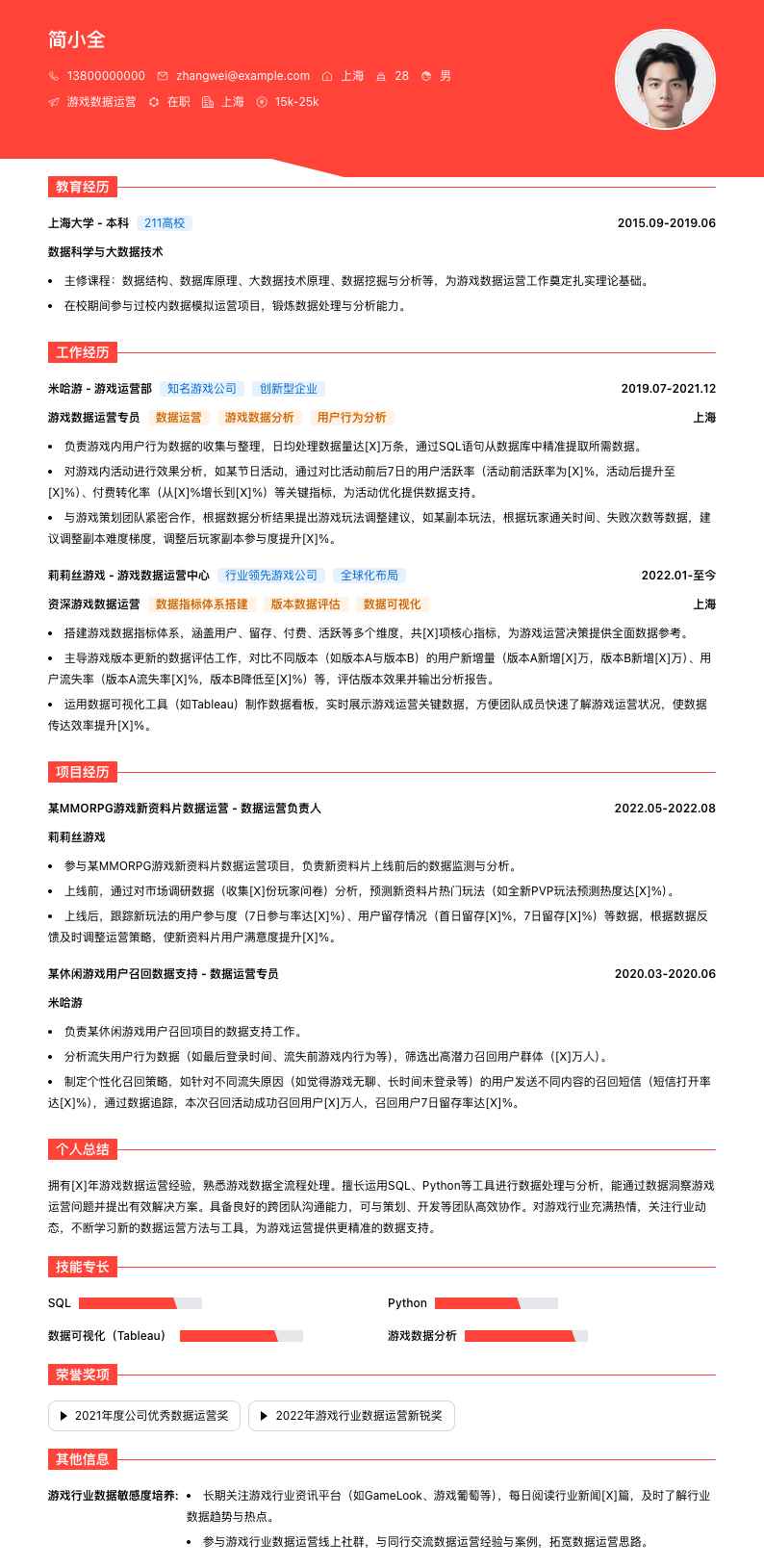 游戏数据运营简历模板