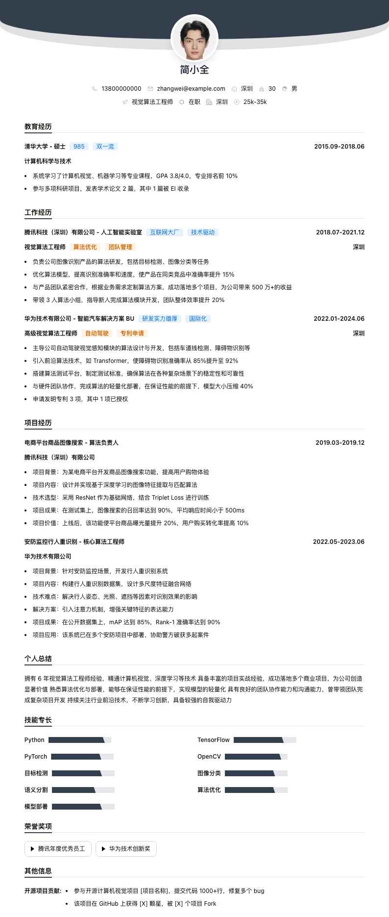 视觉算法工程师简历模板