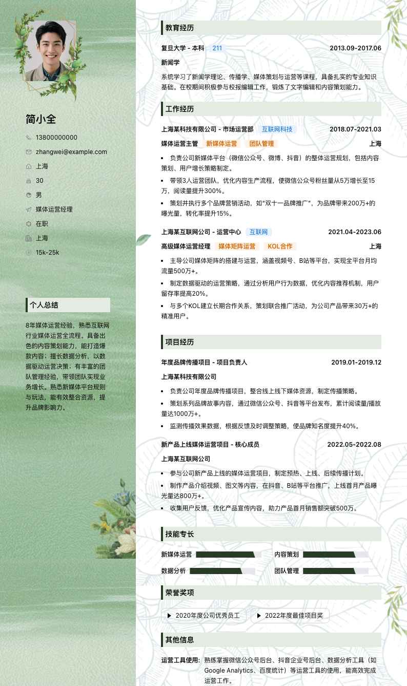 媒体运营经理简历模板