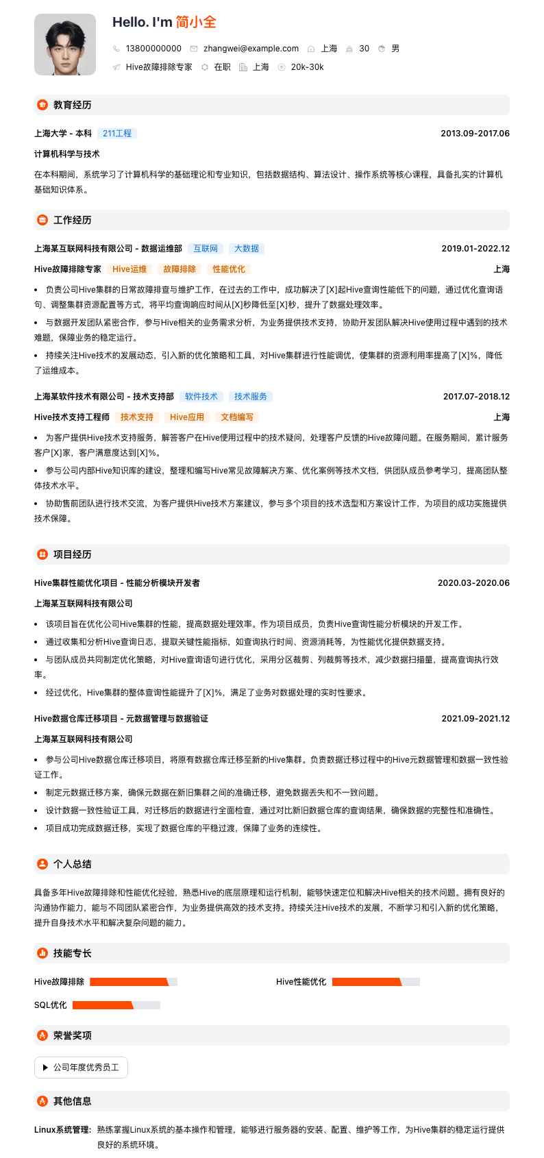 Hive故障排除专家简历模板