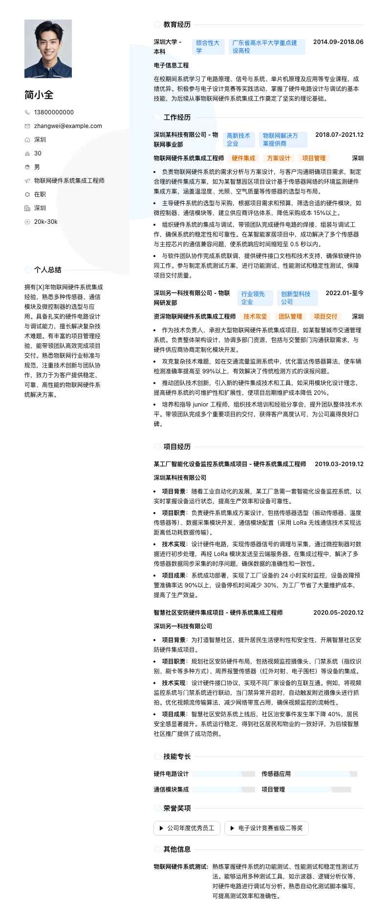 物联网硬件系统集成工程师简历模板