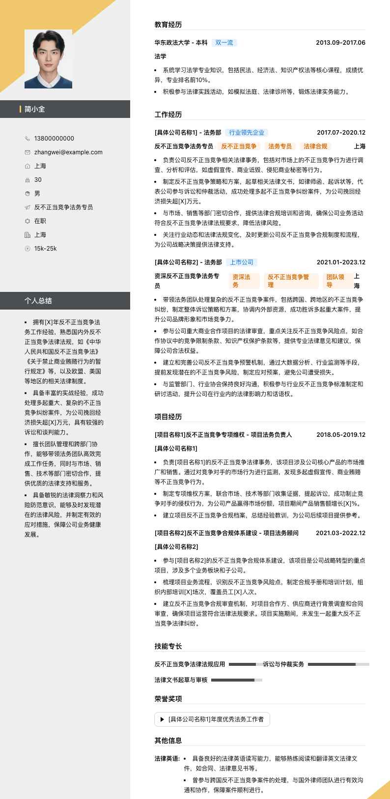 反不正当竞争法务专员简历模板