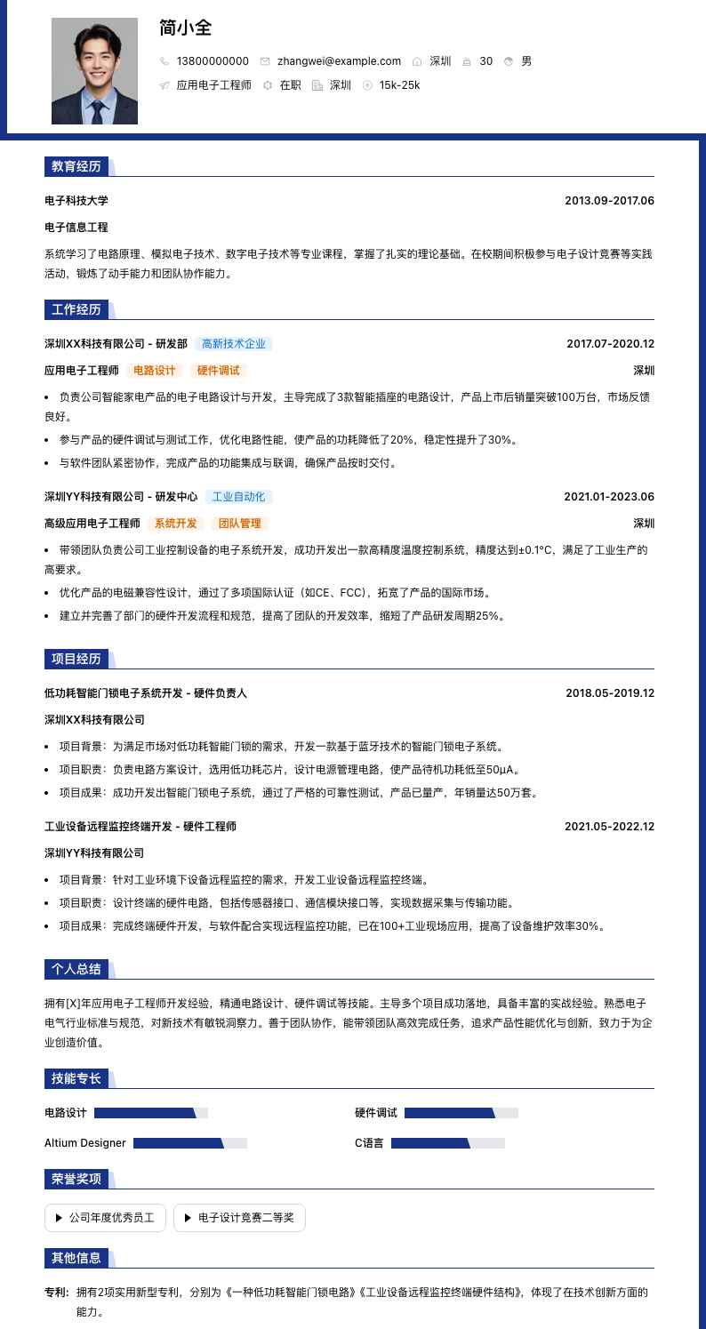 应用电子工程师简历模板