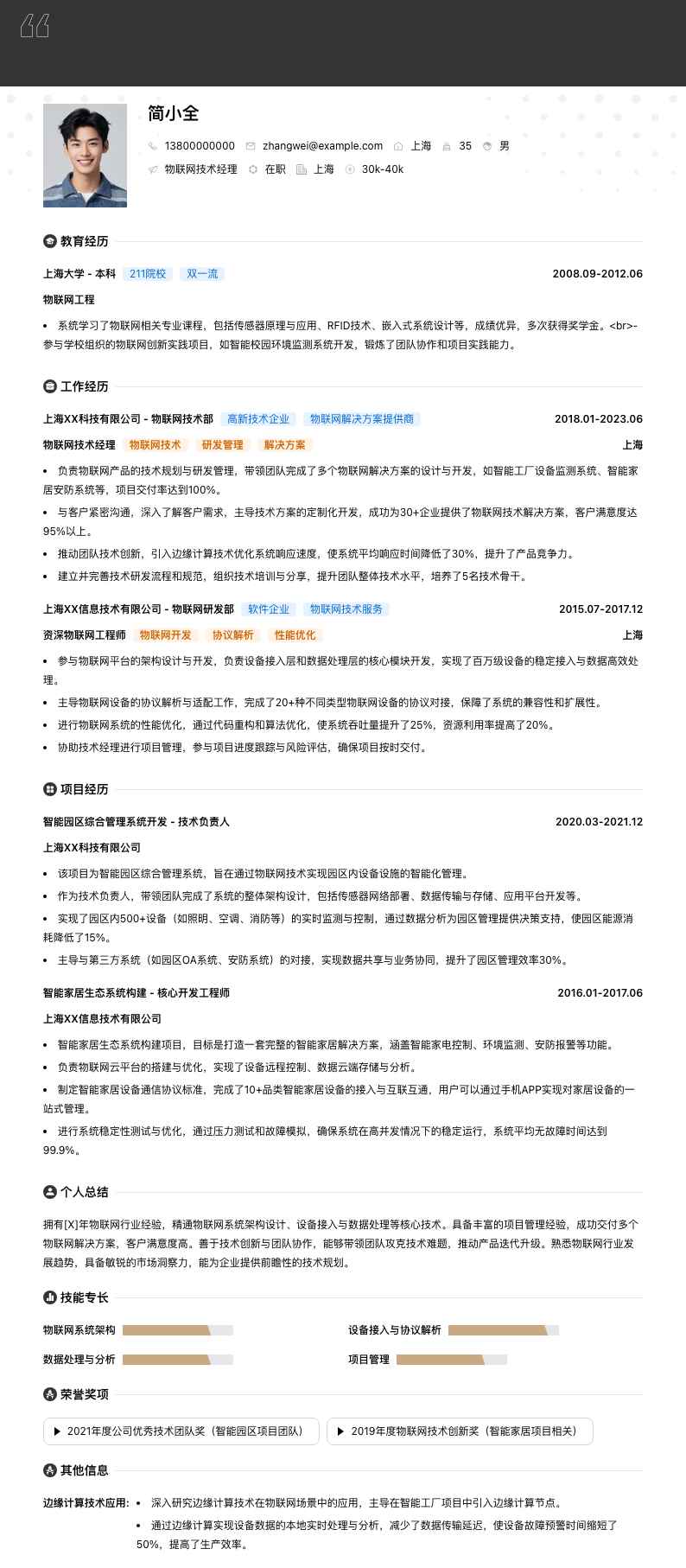 物联网技术经理简历模板