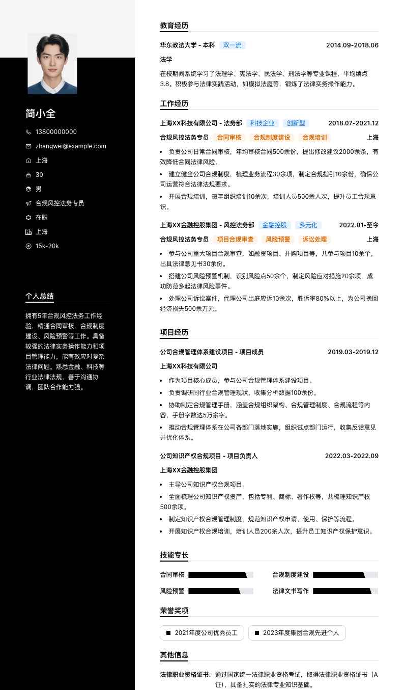 合规风控法务专员简历模板
