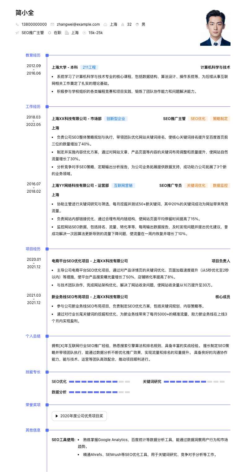 seo推广主管简历模板