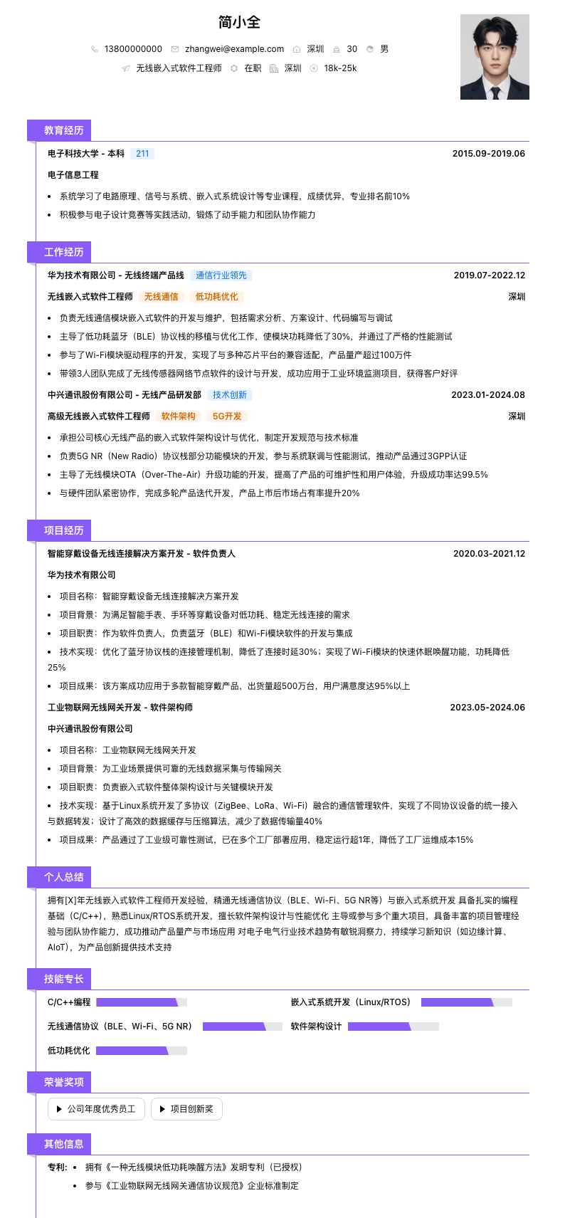 无线嵌入式软件工程师简历模板