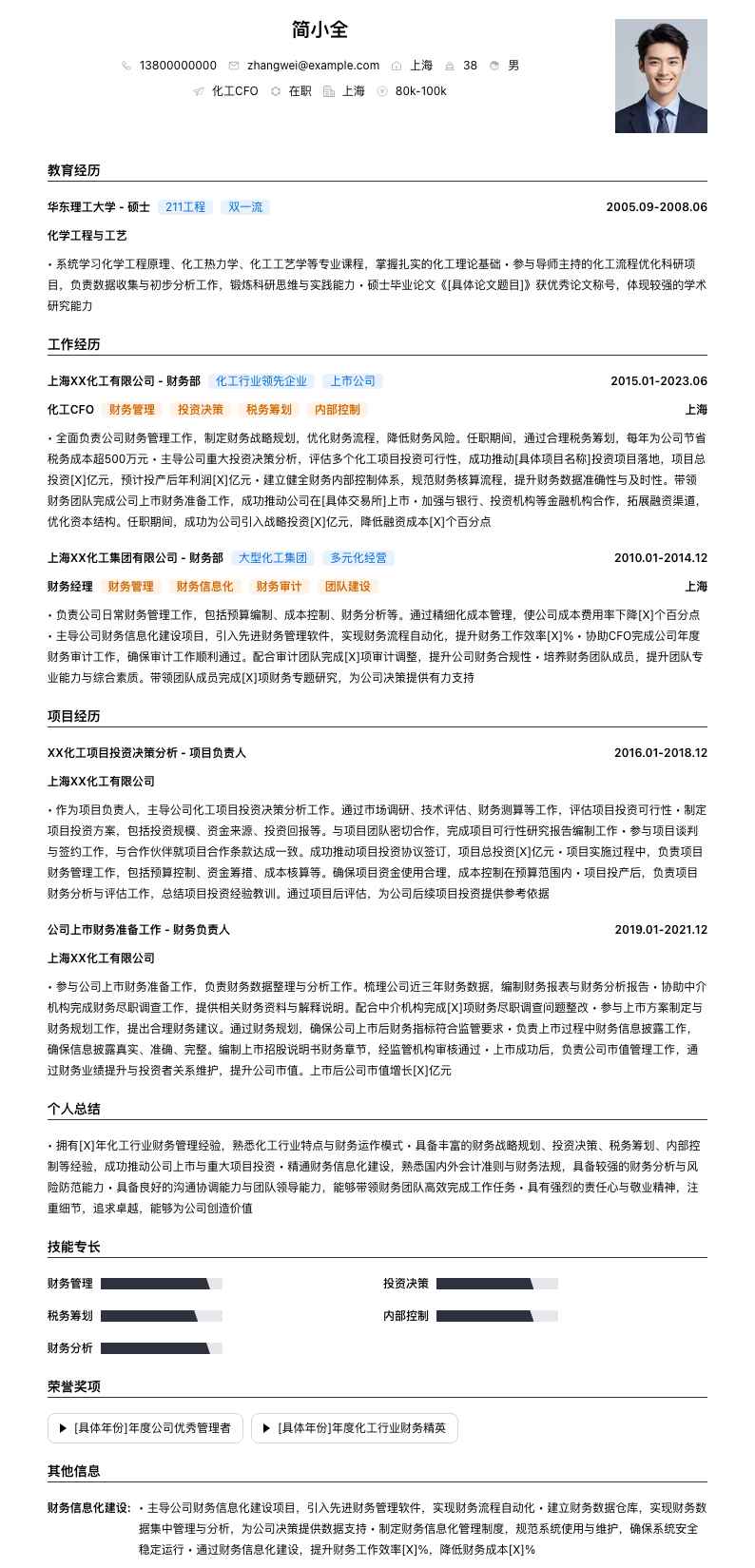 化工CFO简历模板