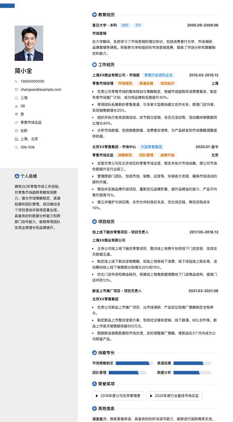 零售市场总监简历模板