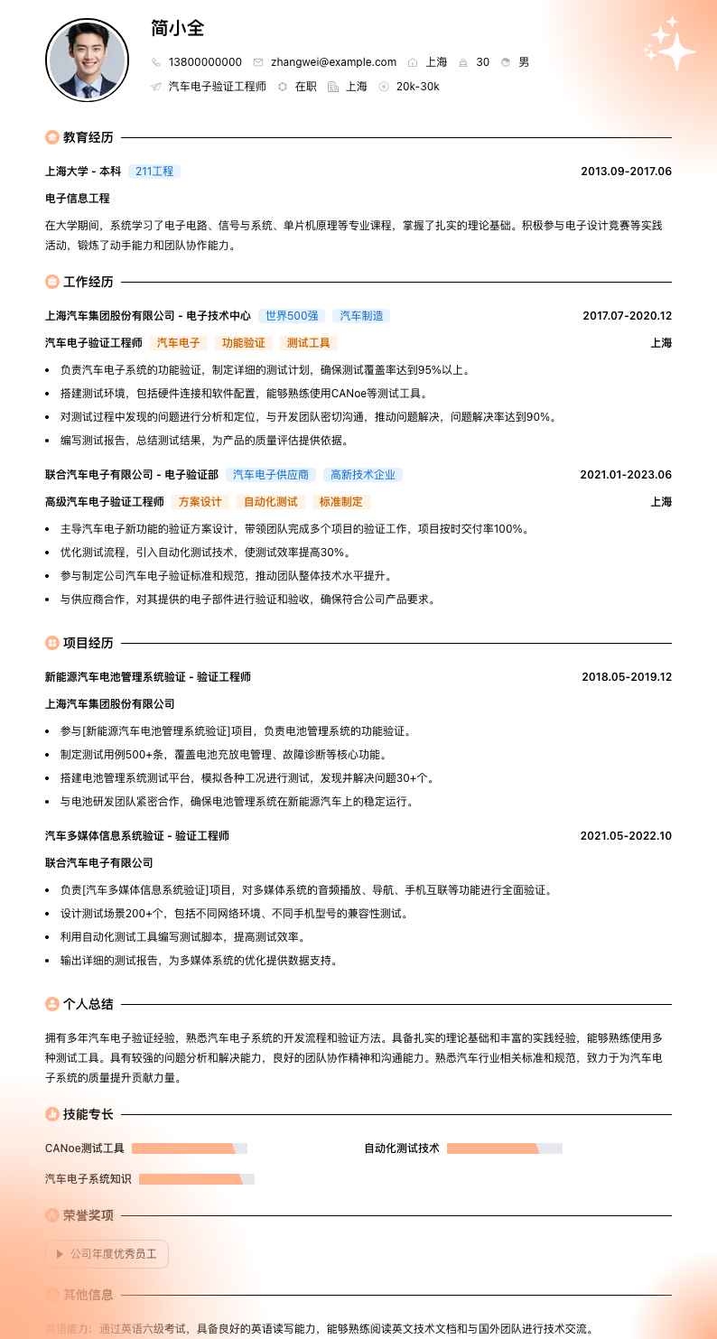 汽车电子验证工程师简历模板