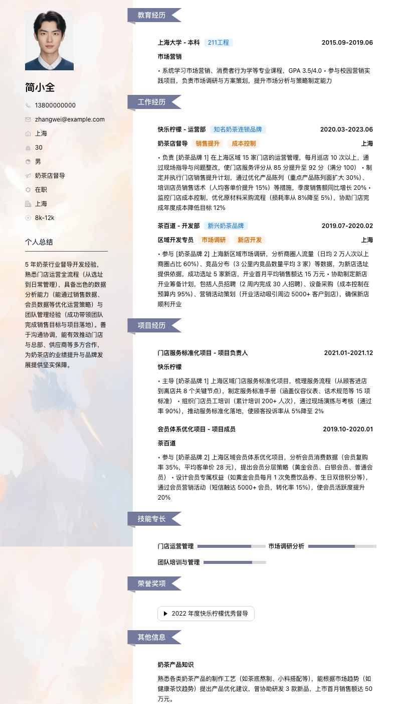 奶茶店督导简历模板