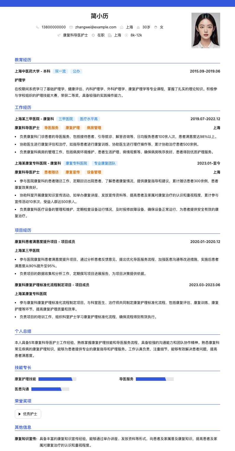 康复科导医护士简历模板