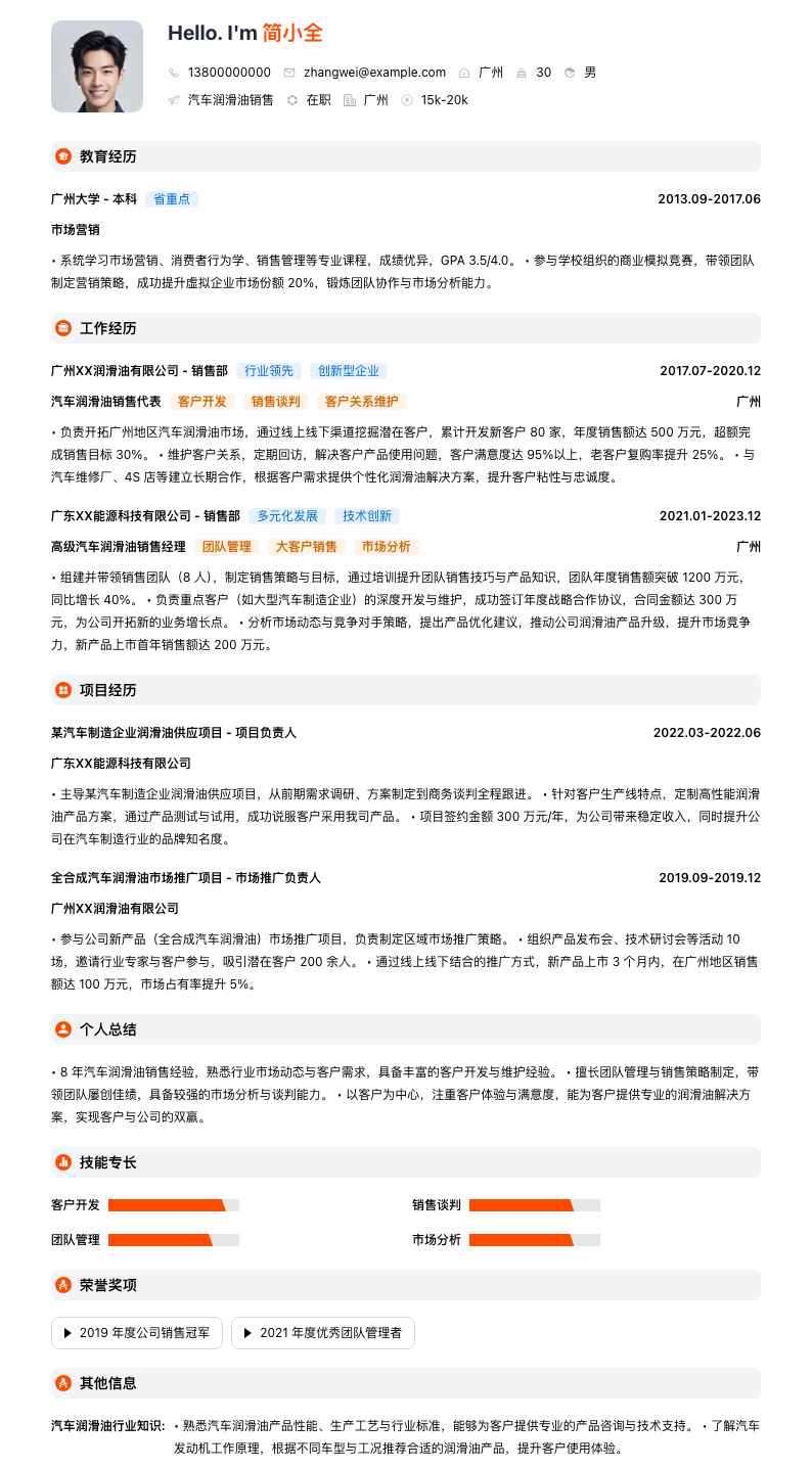 汽车润滑油销售简历模板