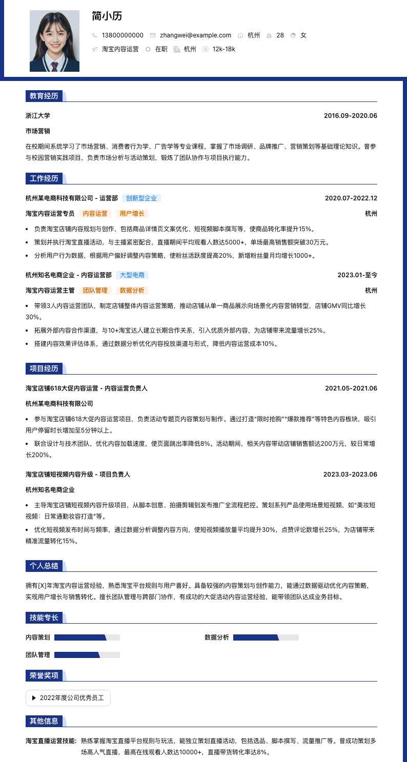 淘宝内容运营简历模板
