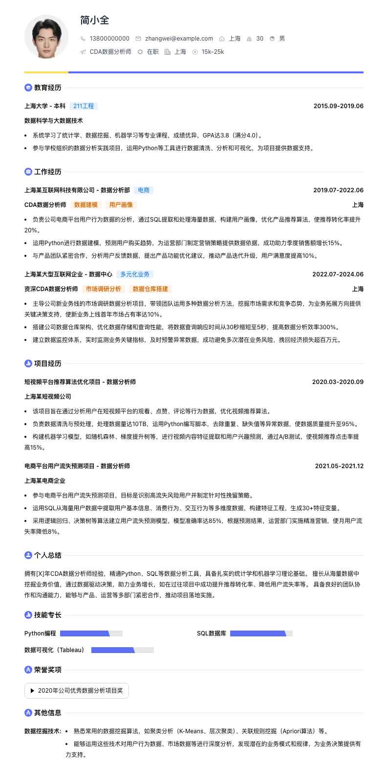 CDA数据分析师简历模板