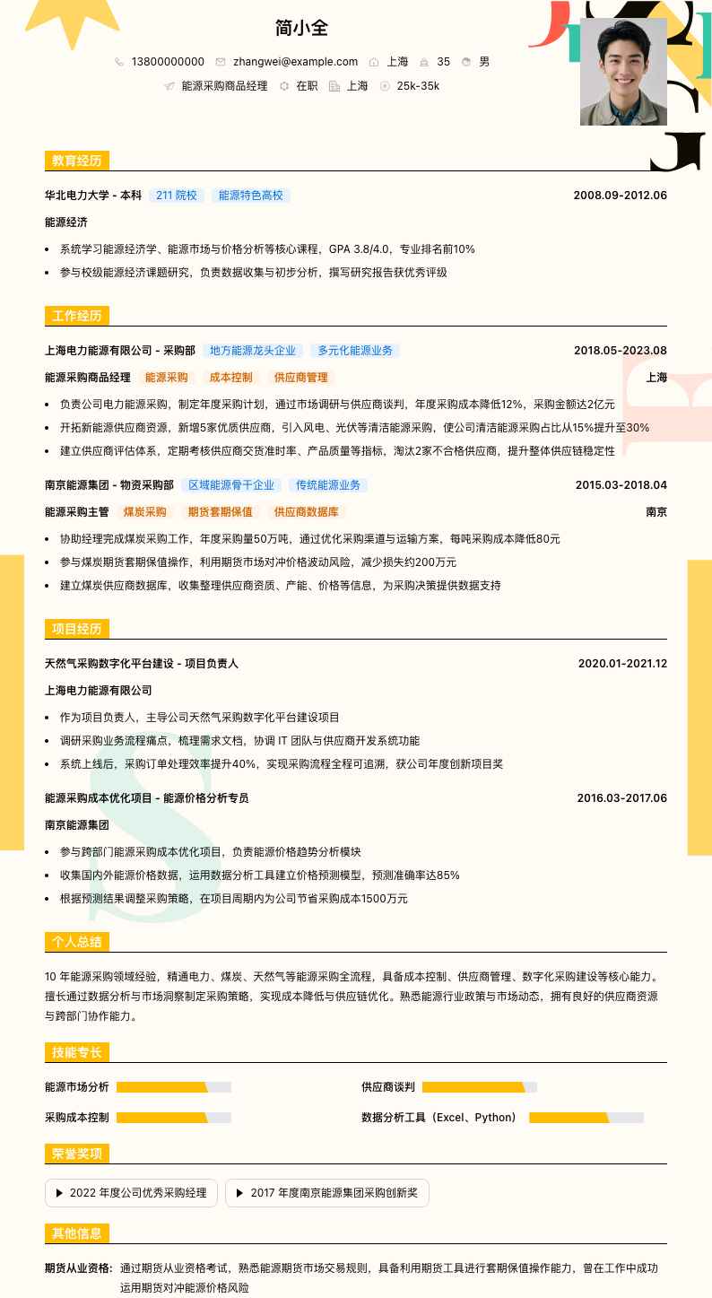 能源采购商品经理简历模板