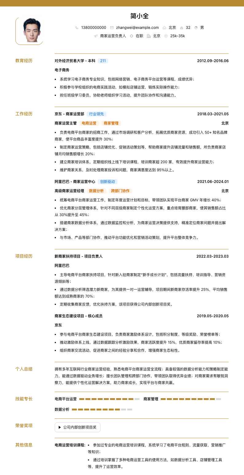 商家运营负责人简历模板