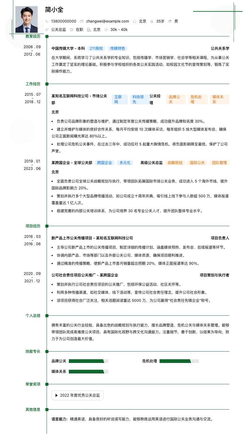 公关总监简历模板
