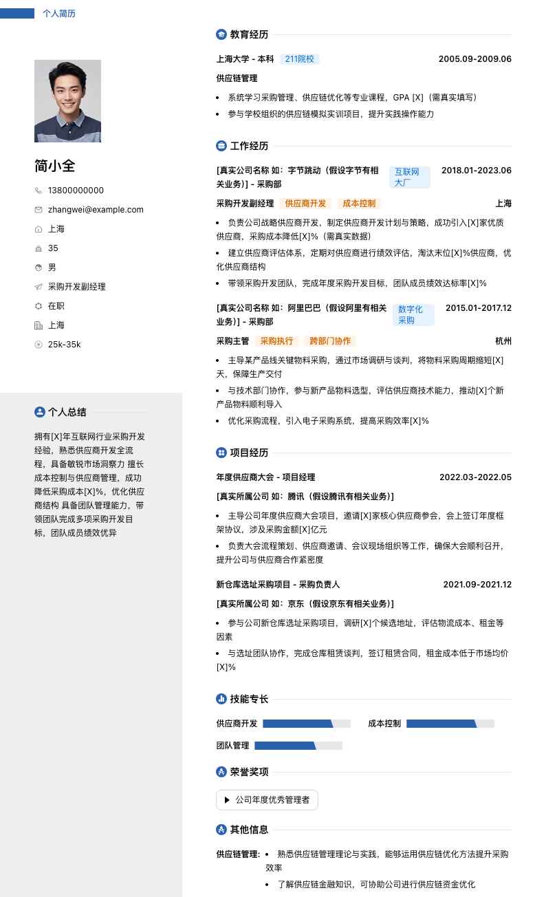 采购开发副经理简历模板