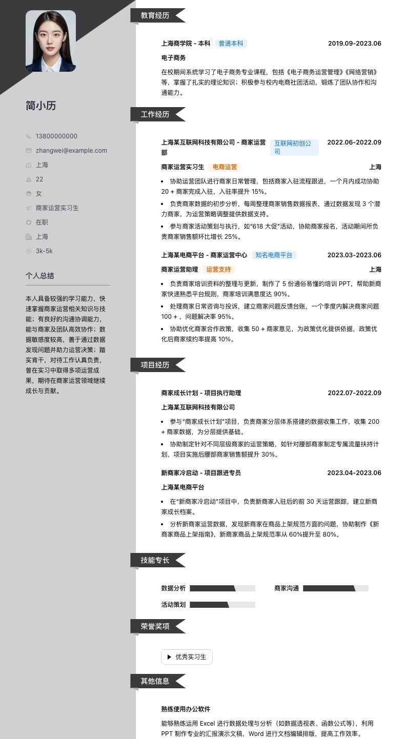 商家运营实习生简历模板